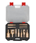 Premium 12 Piece Hole Saw Kit Built Tough For Drilling Glass Ceramic And Stone With Heavy Duty Brazing Technology For Precise Cuts From 6 To 35mm Diameter In Any DIY Project. Open case with 12 brass hole saw bits