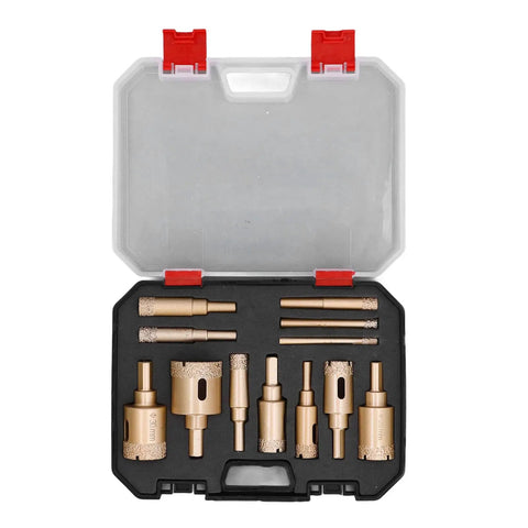 Premium 12 Piece Hole Saw Kit Built Tough For Drilling Glass Ceramic And Stone With Heavy Duty Brazing Technology For Precise Cuts From 6 To 35mm Diameter In Any DIY Project. Open case with 12 brass hole saw bits
