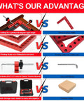 Comparison of Four Pack 90 Degree Right Angle Clamps With Storage Box; features CNC cutting, extended bolts, and plastic case.