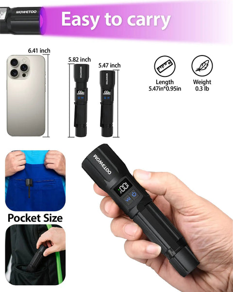 Hand holding 2-In-1 Black Light Flashlight With 395nm UV And White Light, USB-C Rechargeable, size comparison with phone