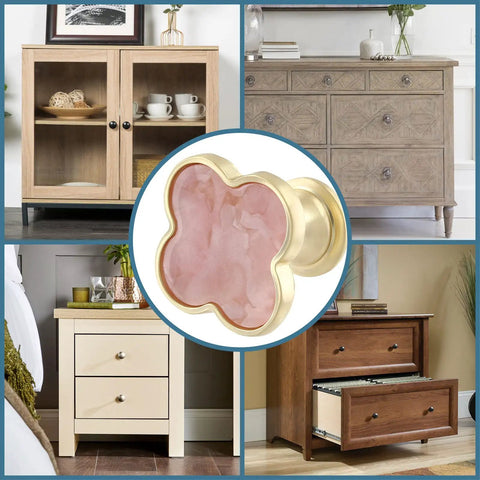 Four Leaf Clover Cabinet Knobs 12 Pack Zinc Alloy Drawer Pulls With Pink Surface And Golden Base for dressers and wardrobes