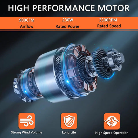 Close-up of high-performance motor for 8 Inch Utility Blower Fan Industrial Portable Exhaust with detailed airflow, power, and speed specs