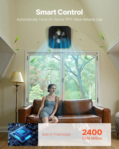 35W Solar Attic Fan With Auto Temp Control, 2400 CFM, installed on wall for attic ventilation in home interior