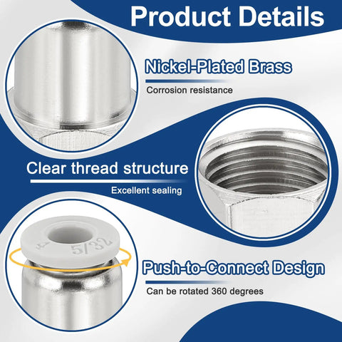 Two Pack Push To Connect Fittings One Quarter Inch NPT Female To Five Thirty Second Inch Tube OD Female Thread Straight Quick Connect Air Lines For Pneumatic Equipment White, showing nickel-plated brass with detailed thread structure
