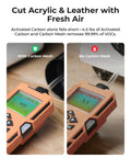 Side-by-side comparison of gas detectors with and without carbon mesh showing VOC levels for laser engraving air purification