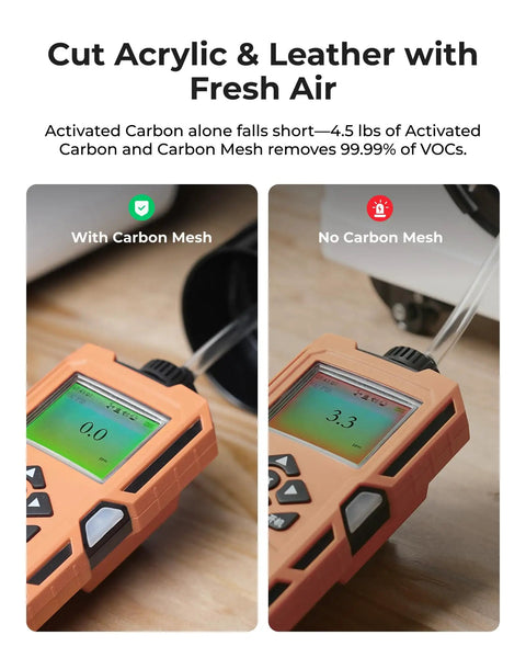 Side-by-side comparison of gas detectors with and without carbon mesh showing VOC levels for laser engraving air purification