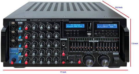 Front view of KA-3000ProII 3000W Karaoke Mixing Amplifier For Pros with DJ KJ Console HDMI ARC 8 Band EQ USB Recording Features