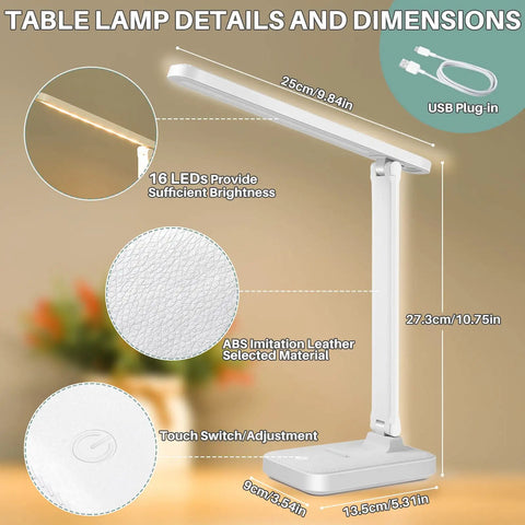 LED Desk Lamp With Touch Control For Reading No Flicker Three Color Modes Foldable Compact Space Saving Desk Light For Office Home Dorm Eye Care USB DC5V 1A