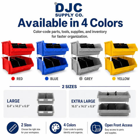 Dang Tough Heavy Duty Stackable Storage Bins In Bold Red With Side Connect Hooks For Garage Workshop Tool Organization Durable Polypropylene Totes That Crush Clutter And Hold Equipment Rock Solid in red, blue, grey, and yellow.