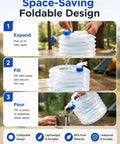 Steps using Collapsible Water Container With Spigot For Camping And Travel showing expansion, filling, and pouring process.