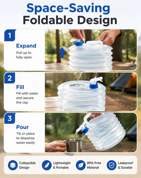 Steps using Collapsible Water Container With Spigot For Camping And Travel showing expansion, filling, and pouring process.