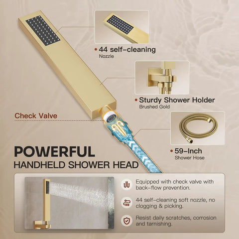 Legit Top Shelf Gold Shower System With Heavy Duty All Metal Dual Rainfall Ceiling And Wall Mount Handheld Sprayer Featuring Quick Push Button Diverter Valve For Solid Fresh Bathroom Refresh Project Upgrade