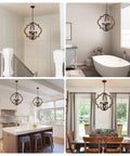 Farmhouse Wood Orb Chandelier With Four Lights, Rustic Pendant Lighting For Kitchen Island, Dining Room, Foyer Or Living Room, Adjustable Height 19.5 Inch Handmade Wood Chandelier For Warm, Inviting Rustic Vibe in various home settings