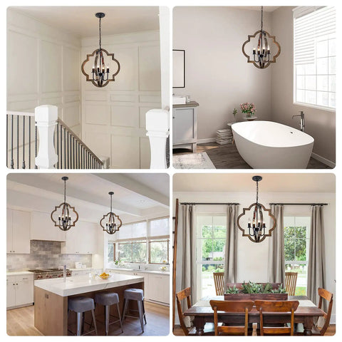 Farmhouse Wood Orb Chandelier With Four Lights, Rustic Pendant Lighting For Kitchen Island, Dining Room, Foyer Or Living Room, Adjustable Height 19.5 Inch Handmade Wood Chandelier For Warm, Inviting Rustic Vibe in various home settings