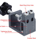 Oblique Pocket Hole Jig Kit With 15 Degree Adjustable Drilling Locator, Self Tightening Clamp, and scale for woodworking.