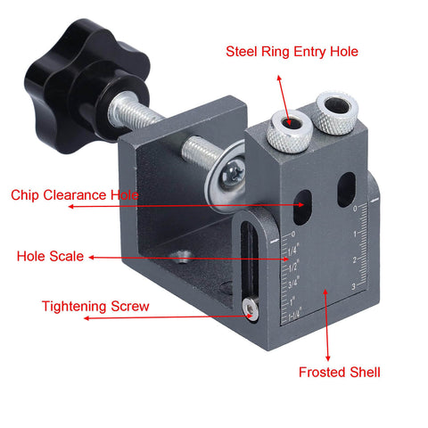 DIY Friendly 15 Degree Adjustable Oblique Pocket Hole Jig Kit With Clamp, aluminum alloy, showing tightening screw and scale