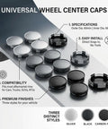 Four Pack Wheel Center Caps Silver Finish Snap In Rim Hub Covers Heavy Duty ABS Composite, various styles shown, 60mm size.