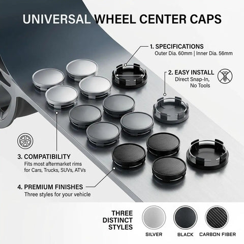 Four Pack Wheel Center Caps Silver Finish Snap In Rim Hub Covers Heavy Duty ABS Composite, various styles shown, 60mm size.