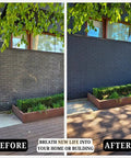 Before and after image showing brick wall treated with Pro Grade Semi Transparent Silicate Stain Bonds Deep Into Brick Stone Concrete.