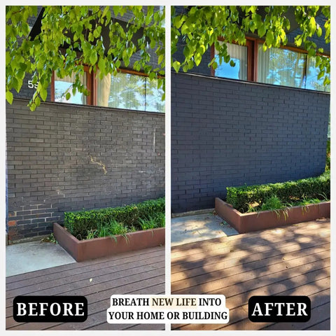 Before and after image showing brick wall treated with Pro Grade Semi Transparent Silicate Stain Bonds Deep Into Brick Stone Concrete.