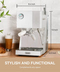 Front view of OPV Espresso Machine With Milk Frother Steam Wand, 20 Bar Max Pressure, Dual Display, 58mm Portafilter, Stainless Steel White Finish
