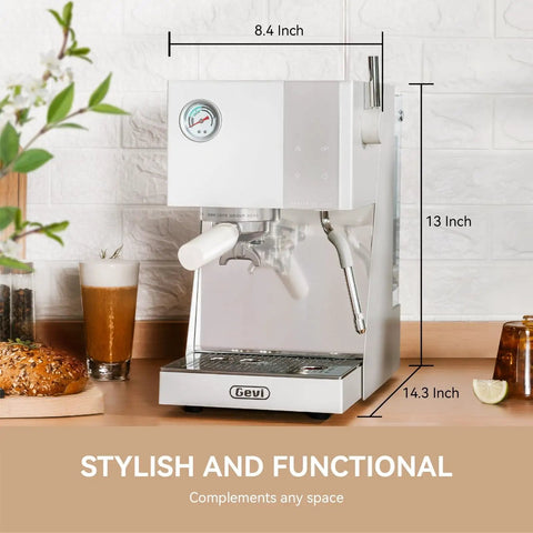 Front view of OPV Espresso Machine With Milk Frother Steam Wand, 20 Bar Max Pressure, Dual Display, 58mm Portafilter, Stainless Steel White Finish