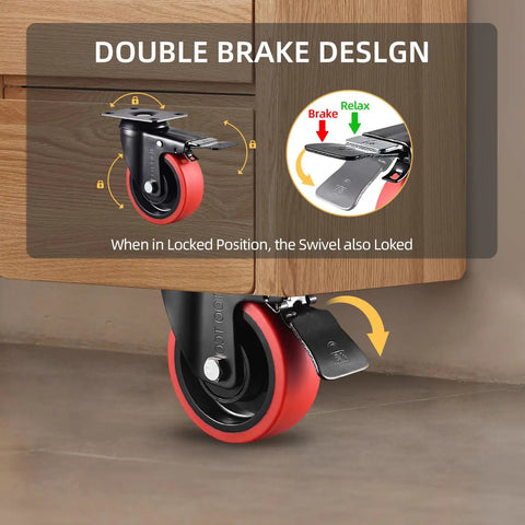 Beefy 4 Inch Caster Wheels Set Of 4 2200 Lbs Capacity Silent Swivel With Brake Rigid TPR Rubber Wheels Locking Industrial Plate Casters