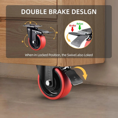 Beefy 4 Inch Caster Wheels Set Of 4 With Locking Brakes Silent 360 Degree Swivel TPR Rubber Casters 2200 Lbs Load Capacity