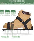 Preassembled Lawn Aerator Shoes With Spiked Soles And Adjustable Straps on a boot for shoe size demonstration