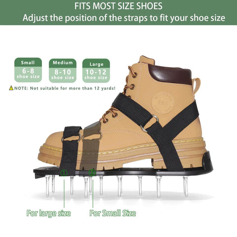 Preassembled Lawn Aerator Shoes With Spiked Soles And Adjustable Straps on a boot for shoe size demonstration