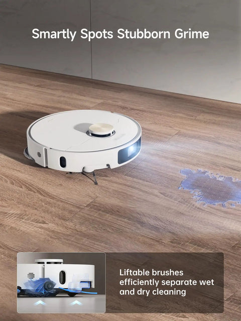 X40 Ultra Robotic Vacuum with Removable and Liftable Mop and 12000 Pa Suction on hardwood floor cleaning a spill