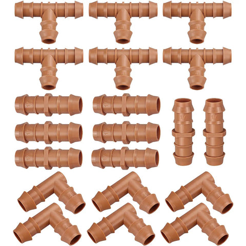Drip Irrigation Fittings Kit For One Half Inch Tubing, 20 Pieces With Couplings, Tees, And Elbows displayed on white background