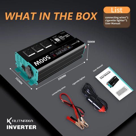 Top Shelf 500W Power Inverter Pushes 1000W Peak Surge While Converting 12V DC Into 110V AC For Your Rig features user manual and accessories.