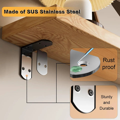 Rock Solid Four Piece L Angle Brackets For Wood Cabinets And Shelving Units Heavy Duty Stainless Steel Corner Supports with rust proof finish.