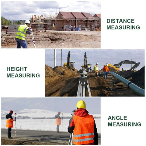 Surveyors using 32x Automatic Optical Level With Self Leveling Magnetic Dampened Compensator And Transport Lock For Pro Grade Height Distance And Angle Measurement, 393 Feet Range At One Sixteenth Inch Accuracy At One Hundred Feet, Durable Hard Case Included for height, distance, and angle measuring.
