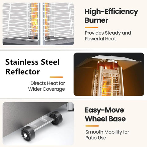 Features of Durable Outdoor Propane Pyramid Patio Heater With Waterproof Cover And Wheels, 88 Inch Quartz Glass Tube, 48,000 BTU For Deck And Backyard, Weatherproof Heating Unit With Triple Safety Protection.