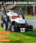 Cordless Electric Lawn Mower For Medium Lawns Up To 1300 Sq Ft With 13.2 Inch Cutting Width, 8 Gallon Grass Bag, Height Adjust, Walk Behind