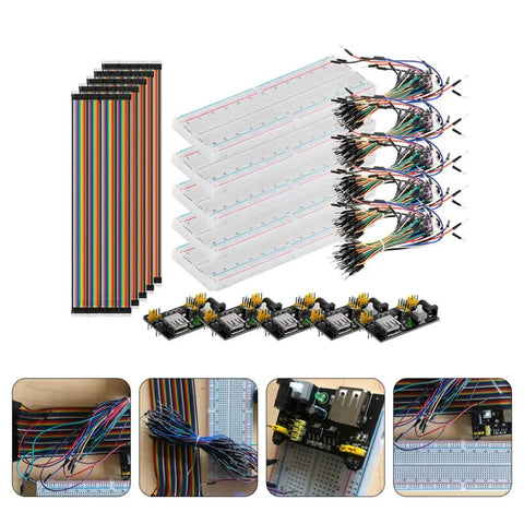 DIY Breadboard Kit With Power Supply Module And 65 Jumper Wires 40 Pin 20 Cm Leads Pro Grade Prototyping For 3.3V And 5V Electronics Starter Friendly For Class Lab Or Home Projects Portable And Easy To Use breadboards, jumper wires, and power modules shown