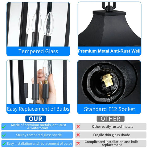 Close-up of Badass Matte Black Outdoor Pendant Lighting Three Bulb Exterior Hanging Porch Fixture With Clear Glass Shades, E12 socket view.