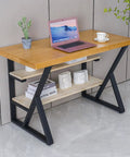 3-Tier Metal Table Legs Set Of 2, Beefy Black Steel Desk And Dining Table Legs, K-shaped support, wooden tabletop with shelves.