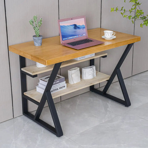 3-Tier Metal Table Legs Set Of 2, Beefy Black Steel Desk And Dining Table Legs, K-shaped support, wooden tabletop with shelves.