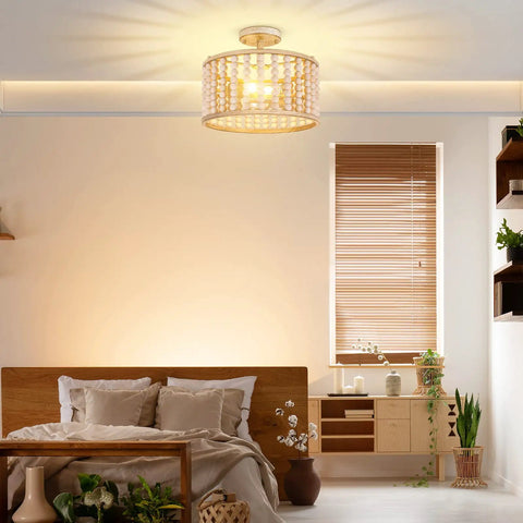 Bedroom with Oak Wood Beaded Chandelier Farmhouse Boho Flush Mount Light With Rustic Charm Two Lights E26 Base Semi Flush Ceiling Fixture