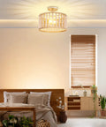 Wood Beaded Boho Ceiling Light Fixture With 2 Light E26 Socket Semi Flush Mount Chandelier illuminating a cozy bedroom.