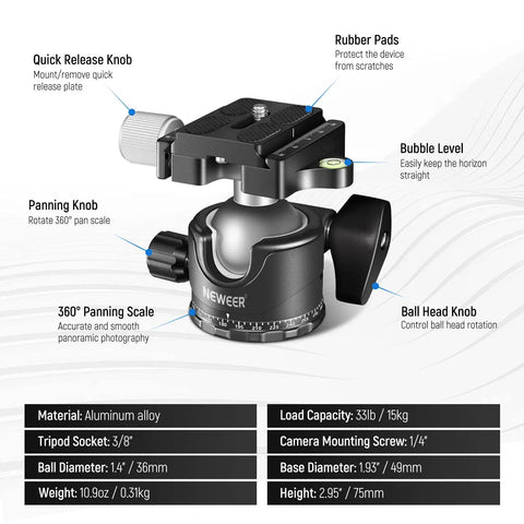 Low Profile Camera Tripod Ball Head for Arca Compatible Plate 38mm Panorama Head With Three Eighths Inch Bottom Thread And One Quarter Inch Screw Adapter details