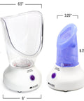 All In One Face Steamer With Adjustable Facial And Nasal Mask, white base, clear and blue attachments, 60ml, plug-in vaporizer