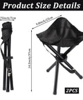 Product size details with folded and open views of a 2 Pack Portable Folding Camping Stool With Built In Shoulder Straps For Easy Carry
