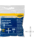 Packaging and sample of 1/8 Inch Hard Tile Spacers for Traditional or Leave-In Installations, 300 Pack, featuring spacer design and branding.