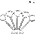 Pro 30 Pack M4x30mm Carbon Steel Eye Hook Screw Bolt Kit With Hex Nuts And White Zinc Plated Finish For Tough As Nails Heavy Duty Project Builds showing 5 eye hooks and hex nuts.