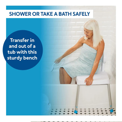 Senior using Easy Transfer Shower Bench With Back For Tub And Bathtub Safe Seat For Seniors Adjustable Height Shower Chair