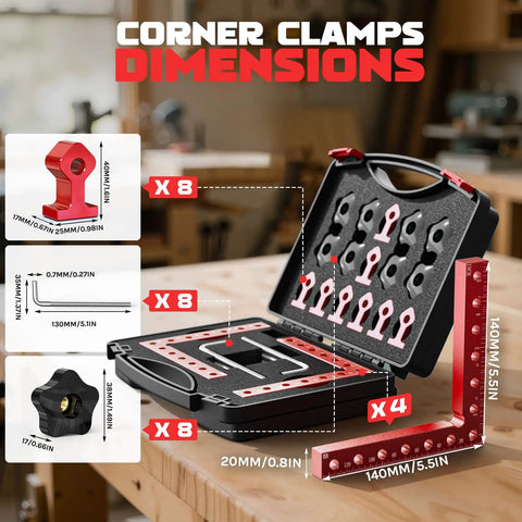 4 Pack 5.5 Inch Aluminum Corner Clamps For Woodworking Boss Level 90 Degree Right Angle L Shaped Squares With Precision Screws Dual Scale Positioning For Frames Cabinets Drawers And Boxes, red case
